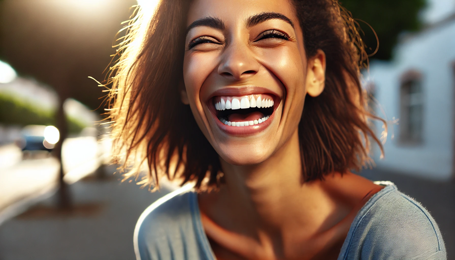 Mulher rindo espontaneamente e sendo autêntica