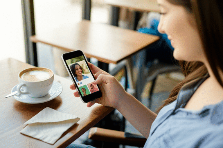 Perfil Atraente em Apps de Namoro Mulher sorrindo enquanto atualiza seu perfil em um aplicativo de namoro.