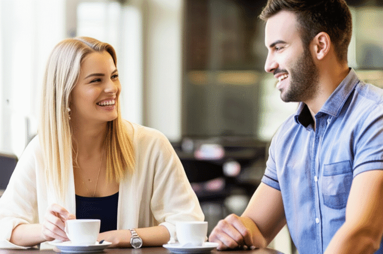 Conexão Genuína na Sedução Mulher e homem conversando em um café, demonstrando interesse mútuo.