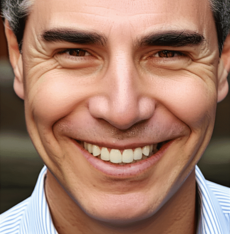 Homem sorrindo genuinamente, transmitindo autenticidade.