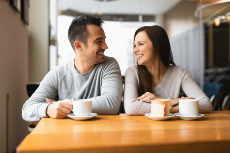 Casal sorrindo e conversando em um café.