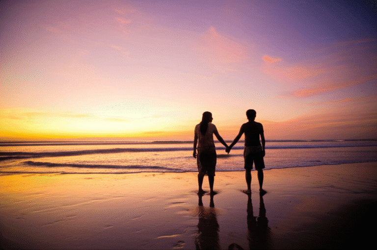 Intimidade e Respeito no Relacionamento Casal de mãos dadas caminhando em uma praia ao pôr do sol.