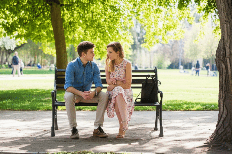 Definindo Intenções no Namoro Casal conversando ao ar livre, definindo objetivos de relacionamento.