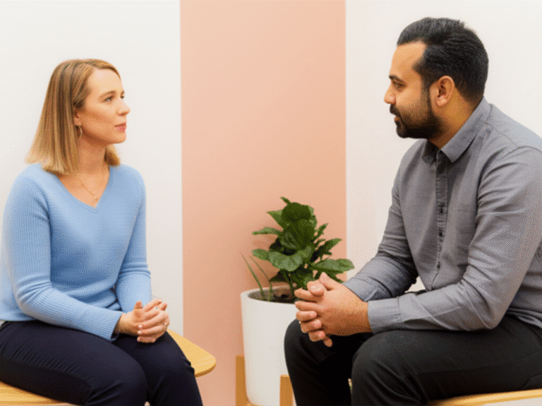 Comunicação Não-Violenta para Relacionamentos Saudáveis Pessoas conversando de forma calma e respeitosa.