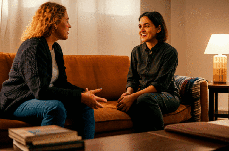 Conexão Emocional Através da Vulnerabilidade Duas pessoas conversando em um ambiente acolhedor.