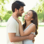 Casal sorrindo e abraçando em um parque ensolarado