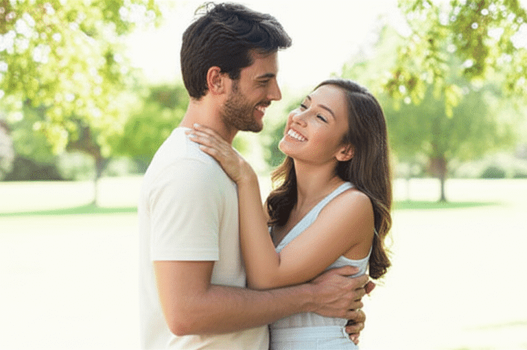Casal sorrindo e abraçando em um parque ensolarado