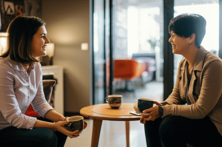 Comunicação Aberta e Honestidade Duas pessoas sorrindo e conversando em um ambiente aconchegante