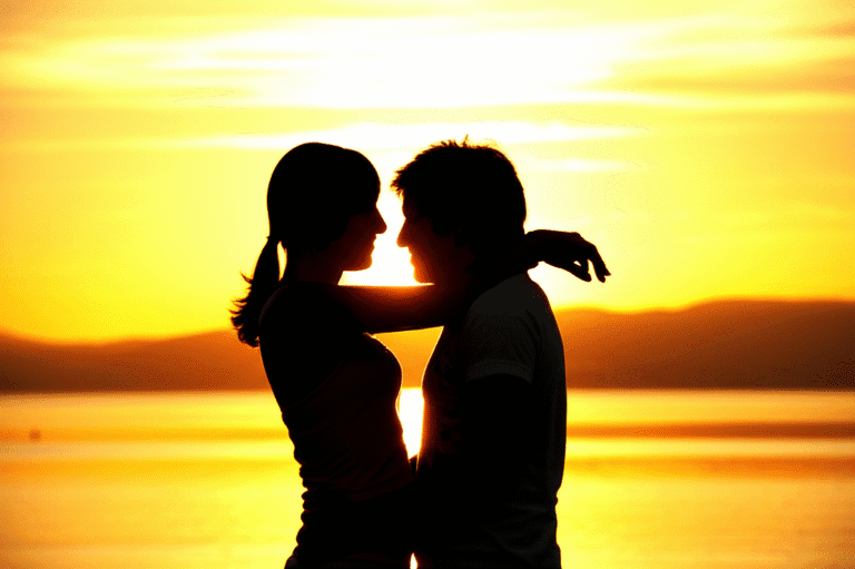 Visualize o amor ideal para manifestá-lo em sua vida Casal sorrindo e abraçado em um pôr do sol