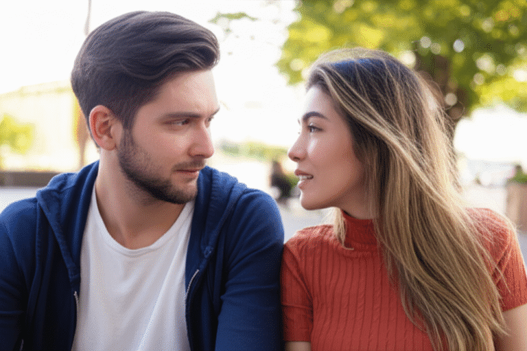 Conexão Autêntica Casal sorrindo e se conectando visualmente, representando a autenticidade.