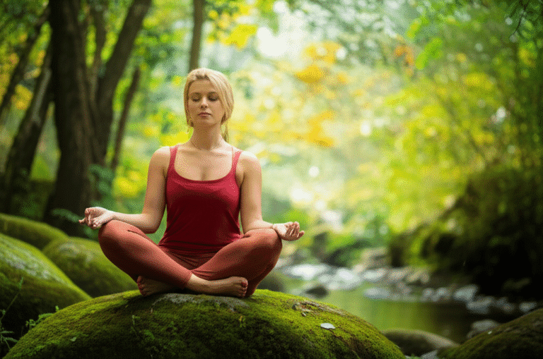 Autoconhecimento e Reflexão Mulher meditando ao ar livre, refletindo sobre si mesma