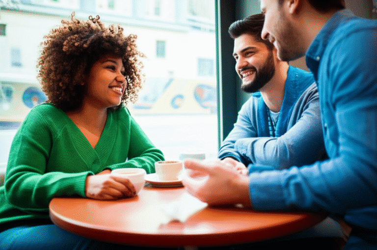 Comunicação Eficaz e Empatia Duas pessoas conversando em um café, rindo juntas