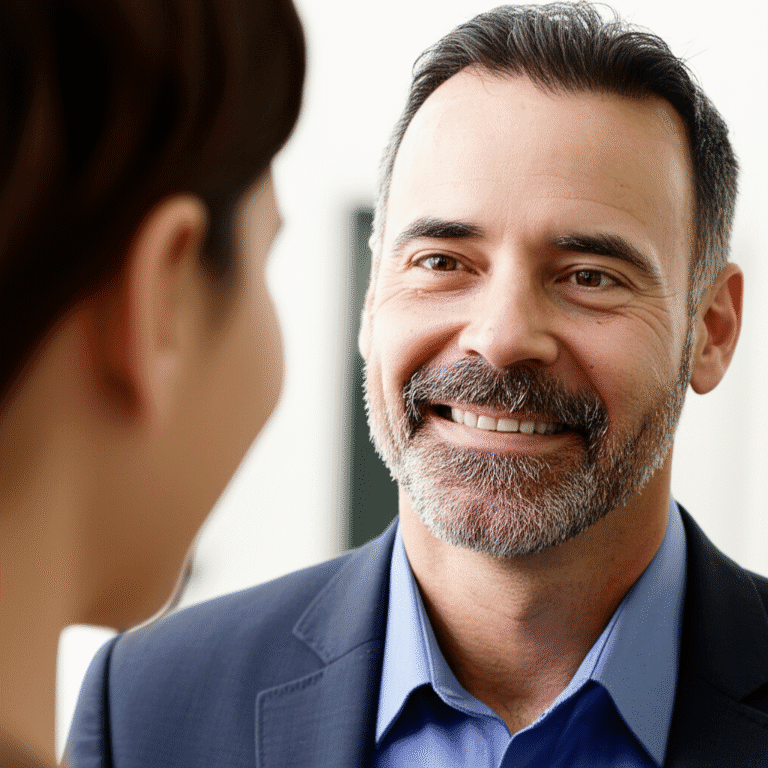 Contato Visual e Confiança Homem sorrindo e olhando nos olhos de outra pessoa