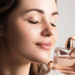 Mulher sorrindo enquanto sente o aroma de um perfume